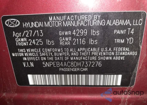 2013 Hyundai Sonata Gls из США, поврежденный, VIN 5NPEB4AC8DH737276